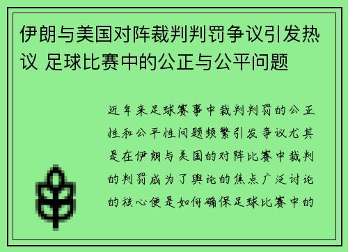 伊朗与美国对阵裁判判罚争议引发热议 足球比赛中的公正与公平问题